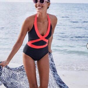 Boden Kefalonia Navy Blue Pink Padded Halter Neck One Piece Swimsuit Size US 2